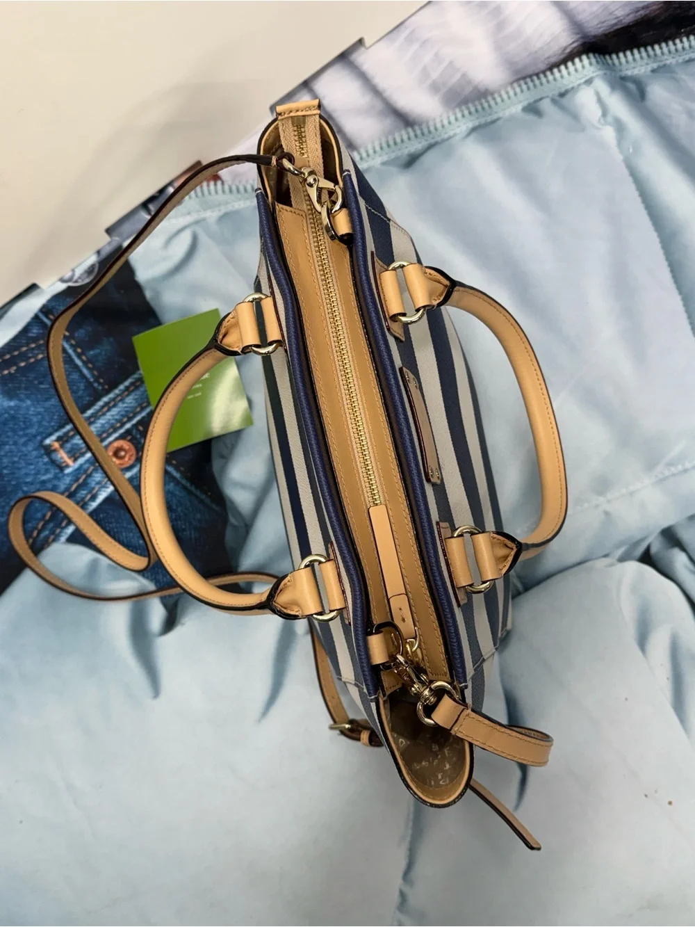 (new+card) Kate Spade Rare Leather Satchel Navy and White Striped Tan Trim